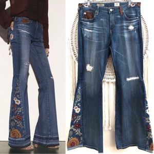 AG The Angel Flare Bootcut Distressed Floral Embroidered Jeans Size 32R
